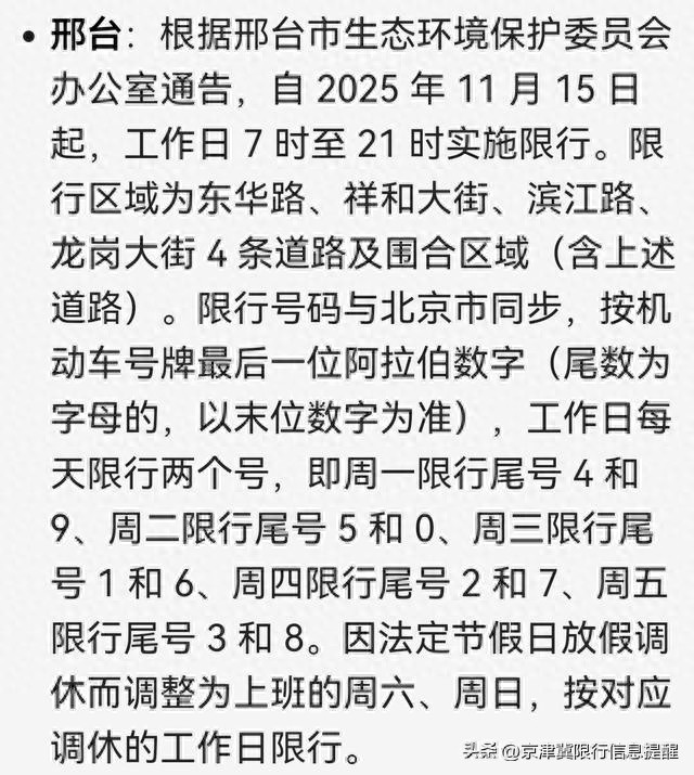 河北多数城市主城区不限行，京津冀11月17至21日天气情况